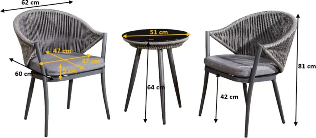 Stylowy zestaw balkonowy Levante z aluminium - 2 krzesła, stolik kawowy