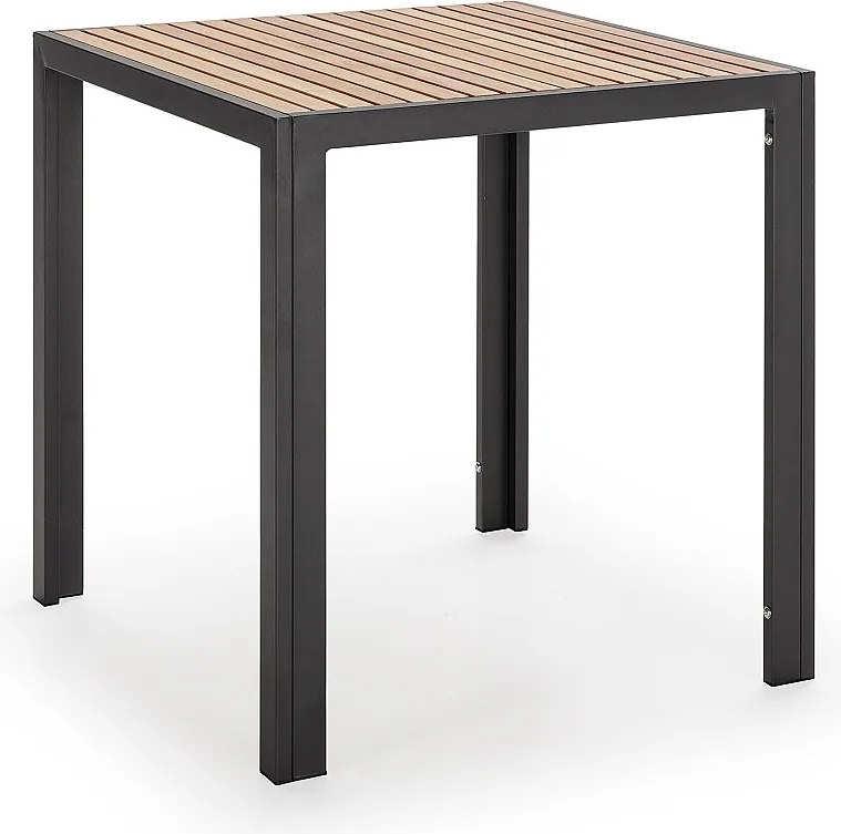 Stół ogrodowy kwadratowy Colummn w kolorze koralowym z drewna i czarnego metalu.