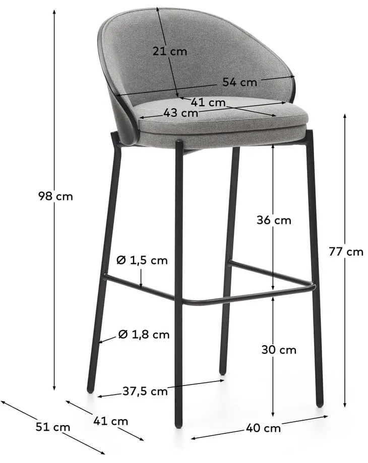 Czarno-szary hoker (wysokość siedziska 77 cm) Eamy – Kave Home