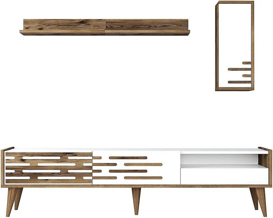 Elegancka szafka RTV z półką ścienną i szafką – 180 cm – orzech i biel – melamina