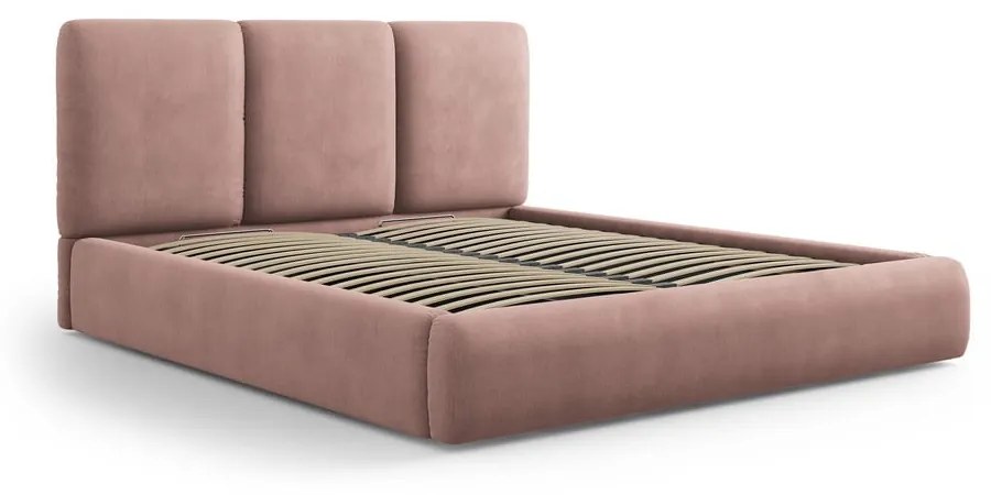 Jasnoróżowe tapicerowane łóżko dwuosobowe ze schowkiem i stelażem 160x200 cm Brody – Mazzini Beds