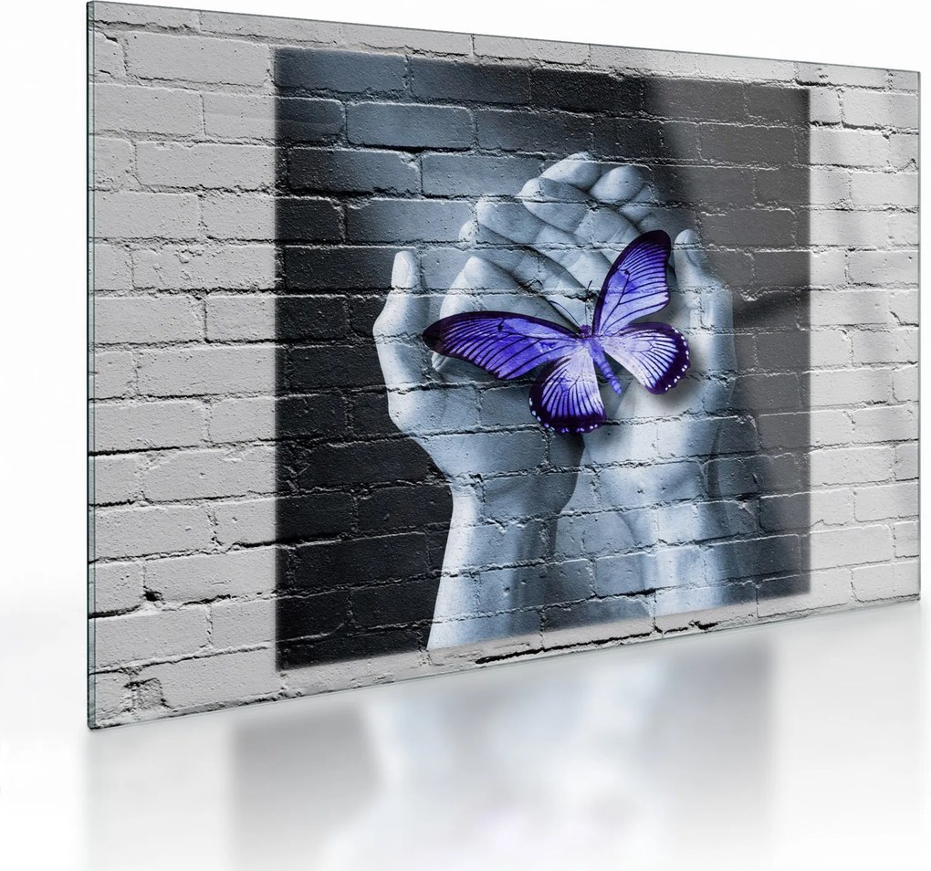 Obraz na szkle - Fioletowy motyl na ścianie (70x50 cm)