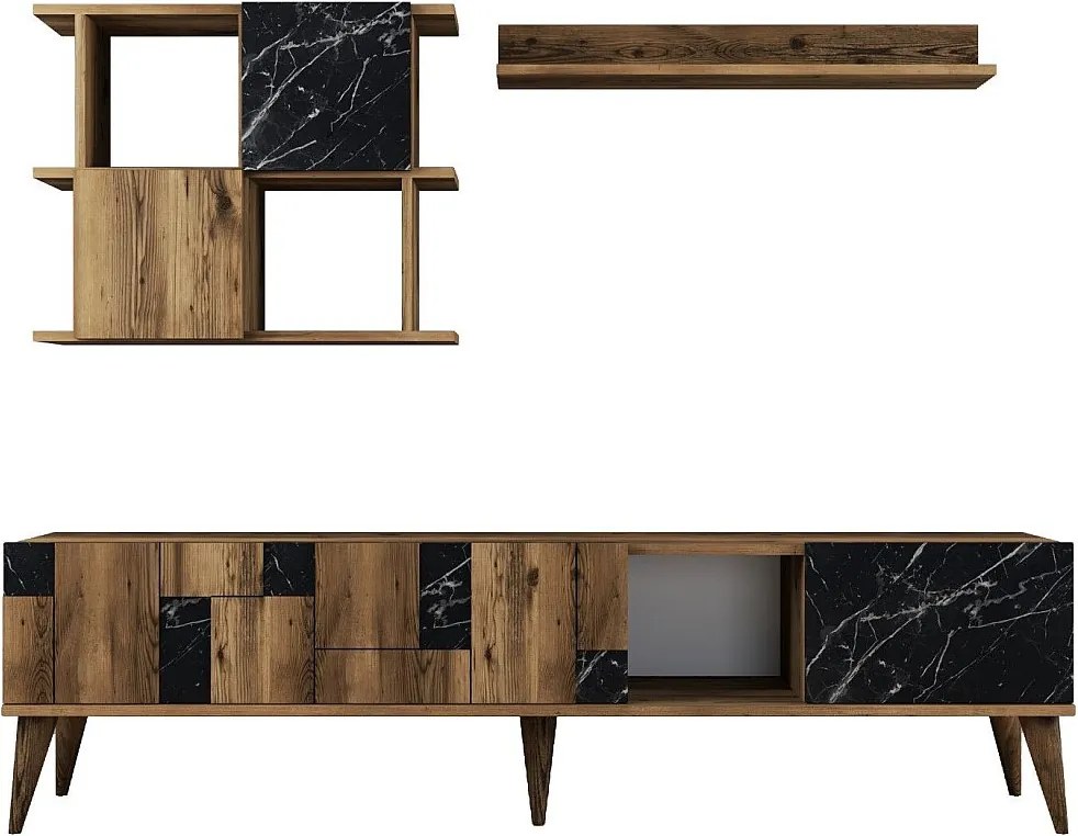 Nowoczesna szafka RTV – 180 cm – orzech i czerń – melamina