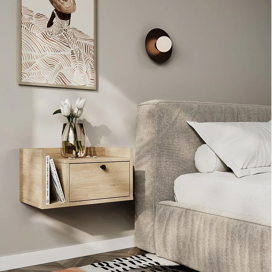 Szafka nocna WENA, wisząca, z szufladą i półką z lewej Aura, 50x27x35 cm, Dąb Cremona