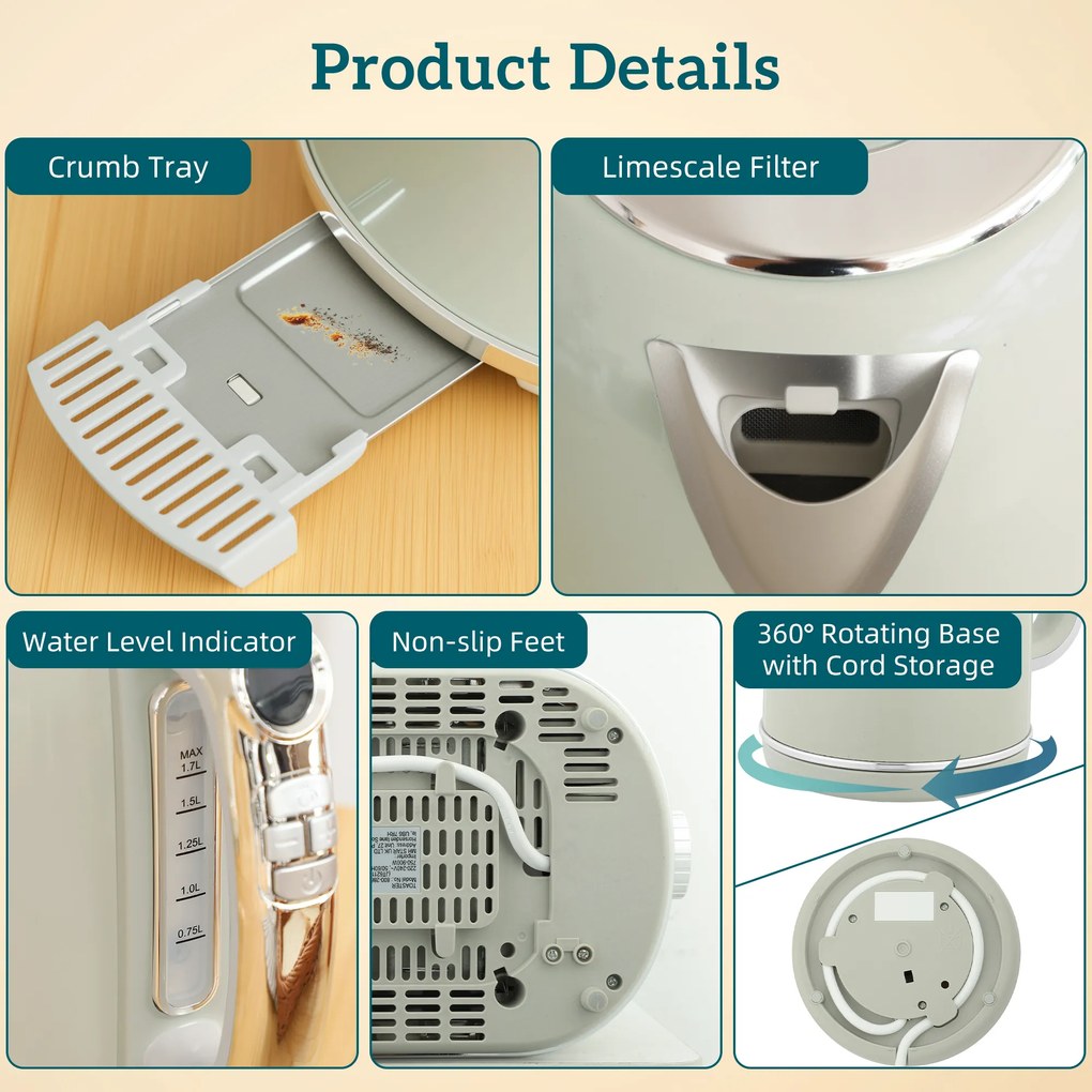 HOMCOM Zestaw czajnik i toster, wyświetlacz LED, 1,7 l, 2200W, retro design, funkcja pamięci, szary