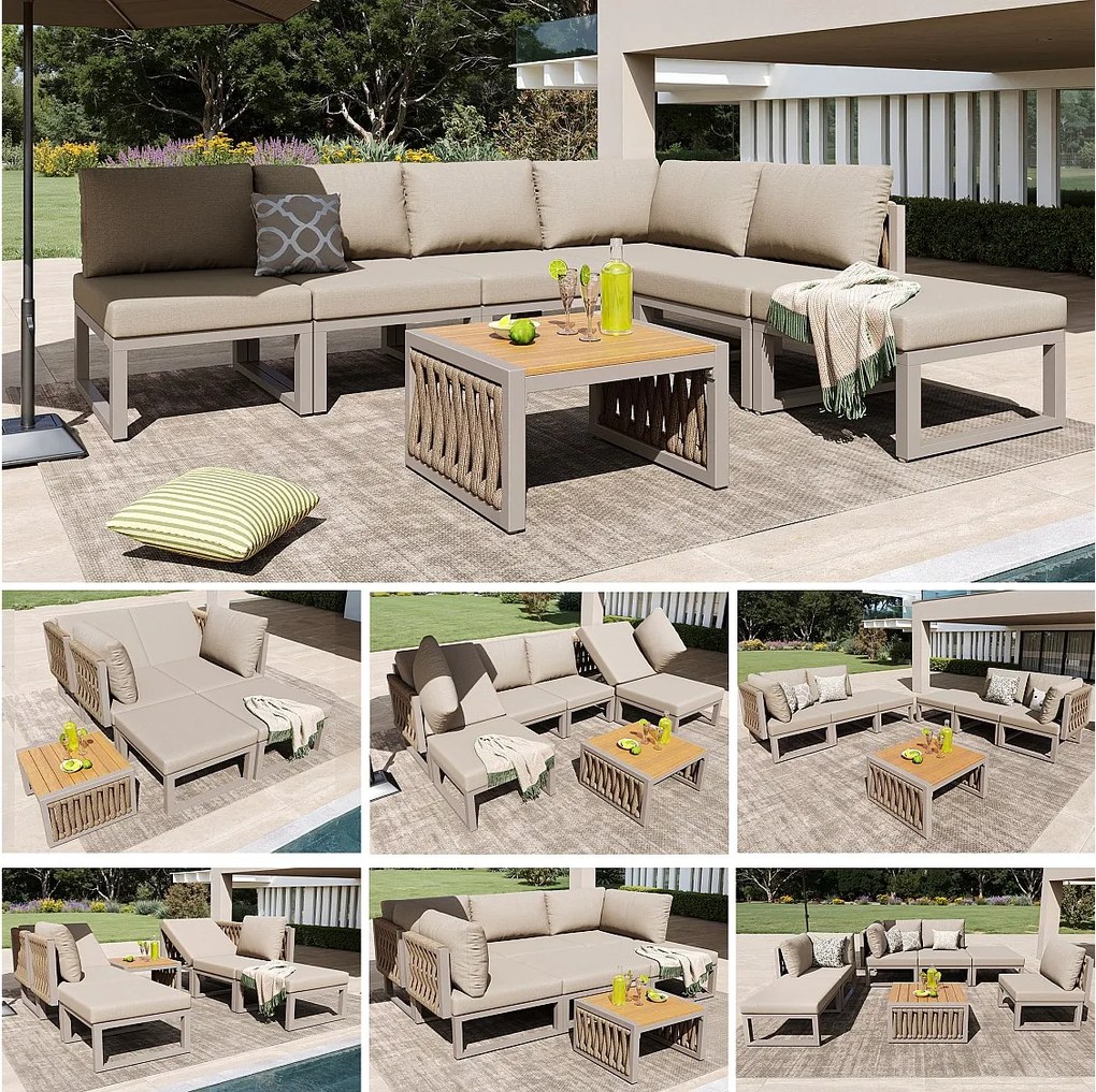 Zestaw mebli ogrodowych z poduszkami na siedzisko i oparcie dla 6 osób - leżak podwójny - metalowy - beżowy