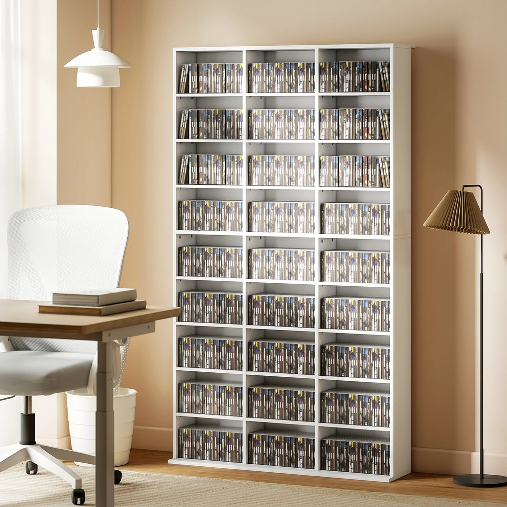 HOMCOM Regał na 835 płyt CD lub 500 płyt DVD, regał na media Blu-ray z 27 przegródkami i 21 regulowanymi półkami, biały | Aosom PL