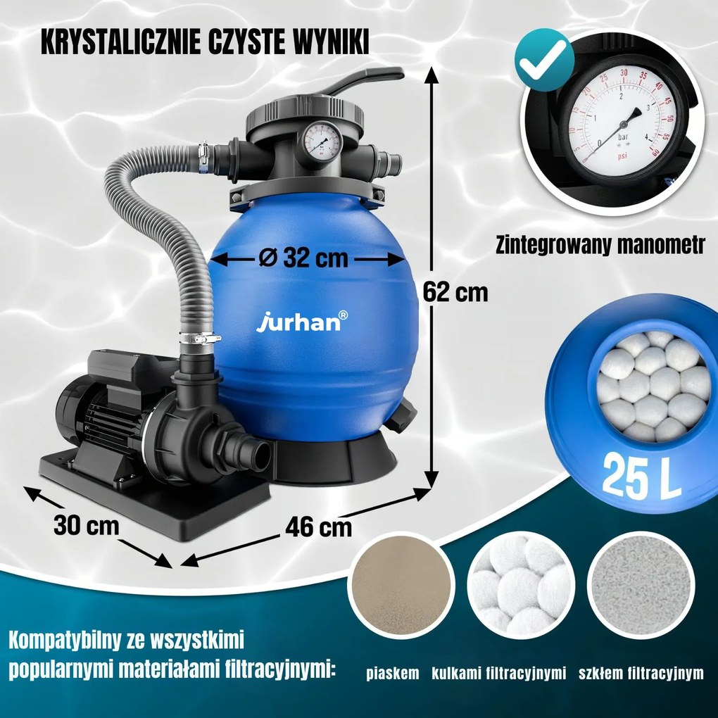 Filtr piaskowy do basenu AQUA, 10 200 l/h, niebieska Jurhan