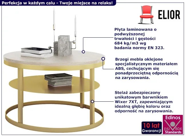 Okrągły stolik kawowy z metalowym stelażem złoty + dąb sonoma - Selpa 3X