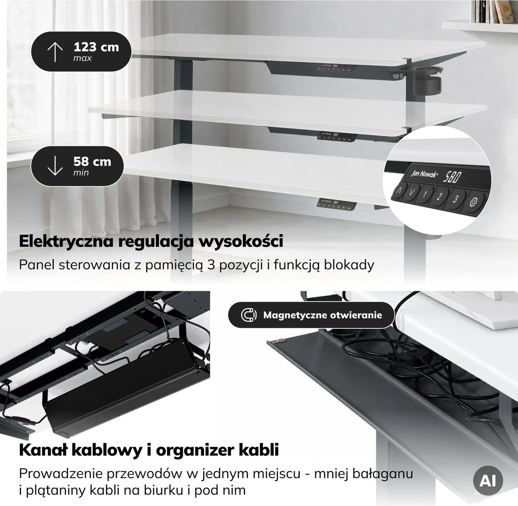 Biurko elektryczne z regulacją wysokości ergonomiczne antracytowo-białe, 1600x800 mm: ARIA