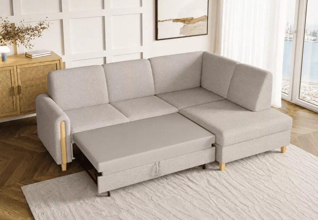 Narożnik Seatle – designerski mebel wypoczynkowy z funkcją spania delfin, pojemnikiem i drewnianymi detalami