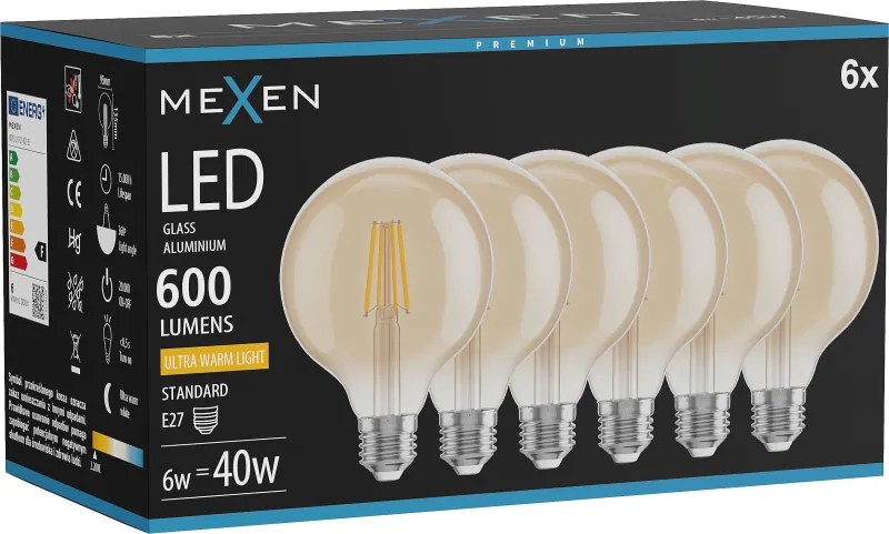 Mexen Vintis 6x żarówka filament LED E27, G95, 6W, Ciepła - 2200K, 600 lm, amber - L157-E27-0622-50x06