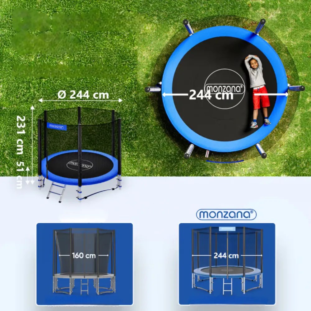 Trampolina z siatką bezpieczeństwa JUMP, Ø244cm, czarna/niebieska Monzana
