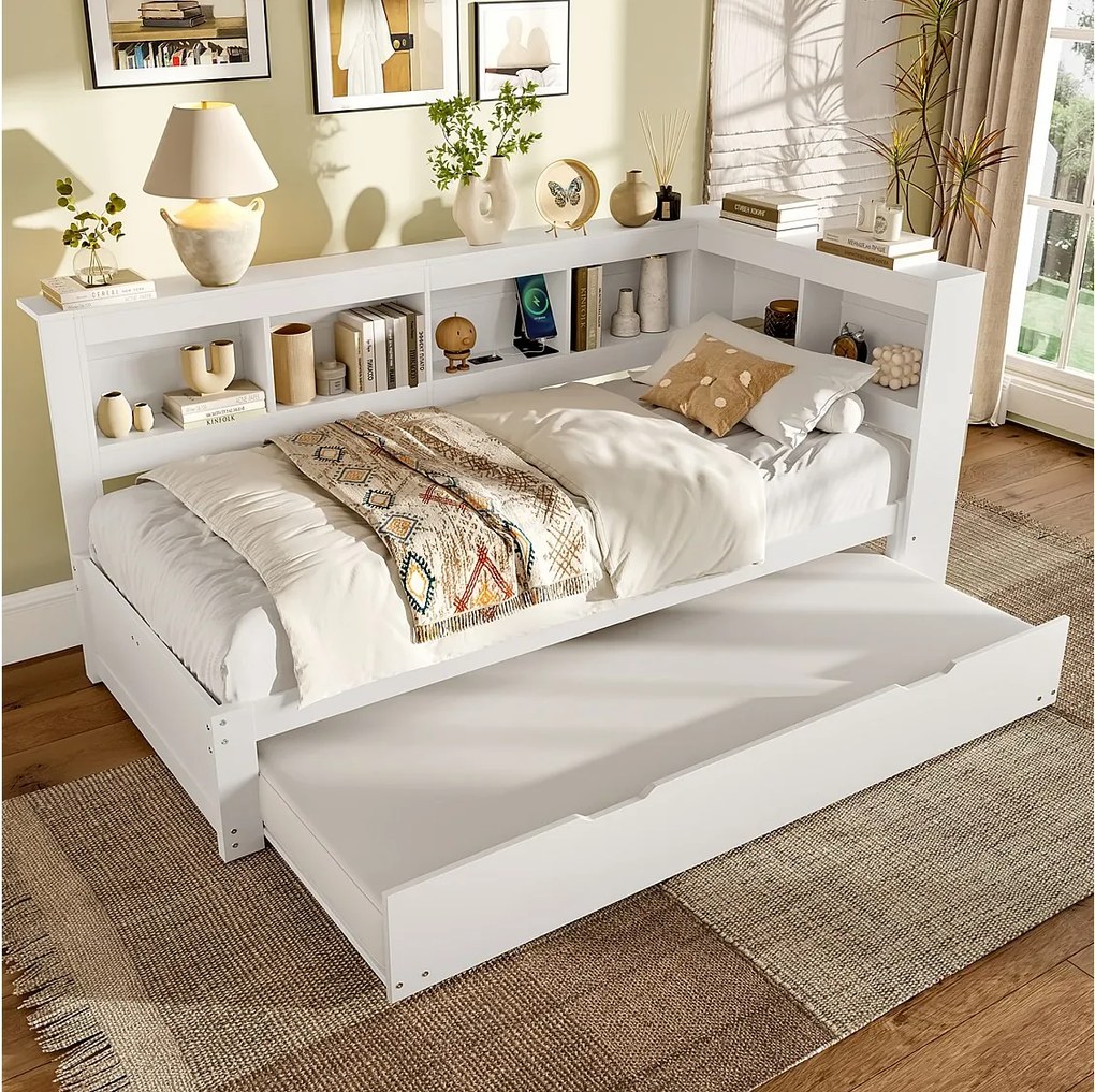 Łóżko dzienne 90x200 cm, łóżko dziecięce z wysuwanym łóżkiem i stelażem, 2 porty USB - białe (bez materaca)