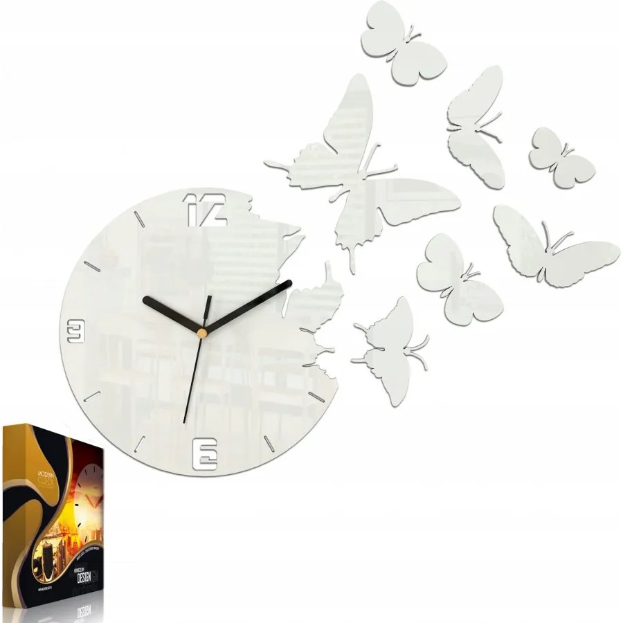 Zegar ścienny nowoczesny do salonu lub sypialni akrylowy biały z motylami