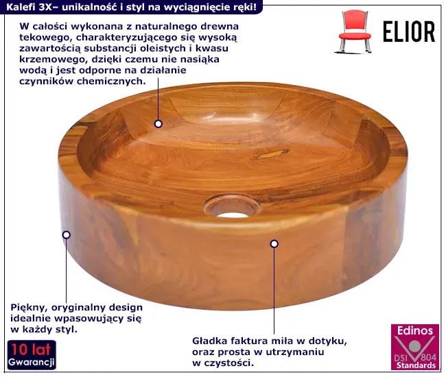 Okrągła umywalka nablatowa z drewna tekowego T4-B36