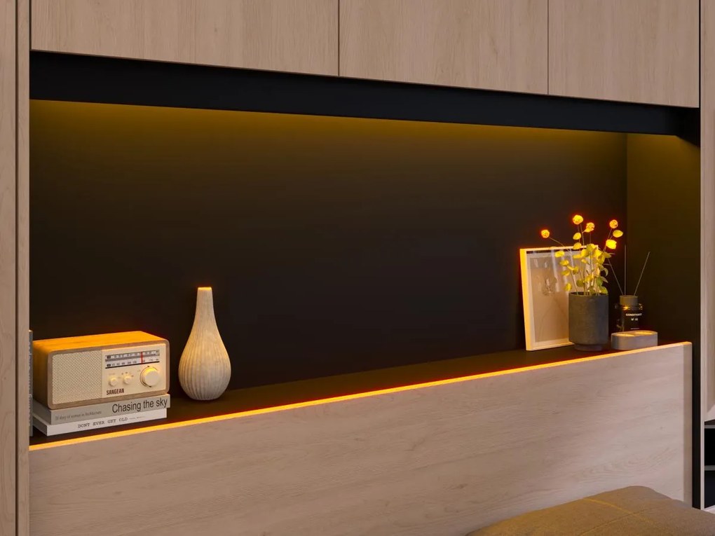 Łóżko  ze skrzynią i - 160 x 200 cm - Z diodami LED - Kolor: Naturalny i czarny + stelaż - VELONA