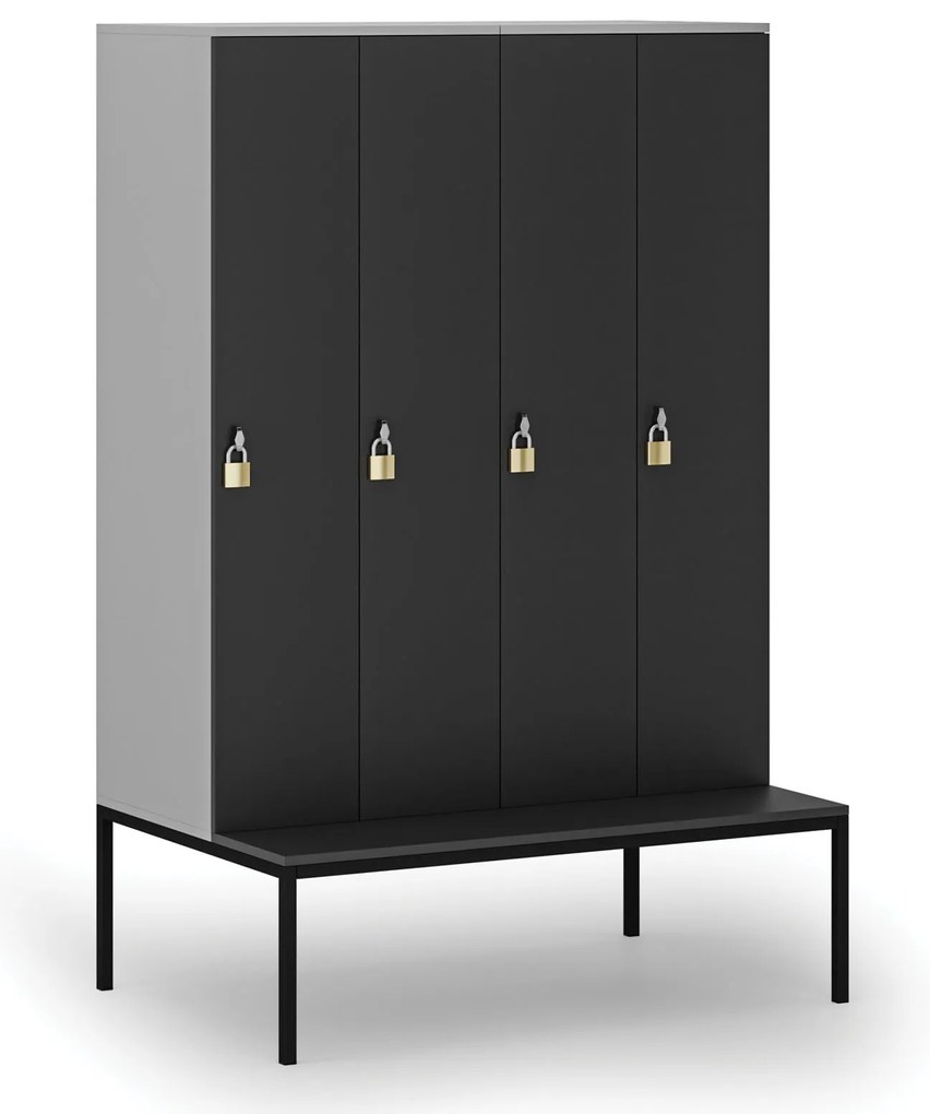 Drewniana szafa ubraniowa S4 z ławką, 4-drzwiowa, 1871 x 1200 x 500/800 mm, demontaż, zamek obrotowy, szary/grafitowy