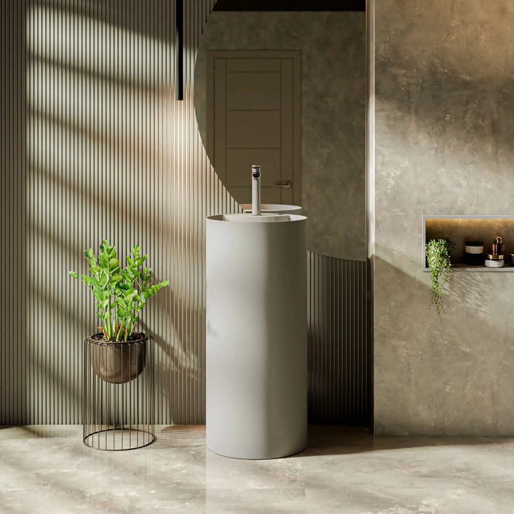 Umywalka z konglomeratu wolnostojąca okrągła szara matowa 87 x 44 cm KALMI GREY MATT z otworem na baterię : Podłączenie syfonu - Do ściany