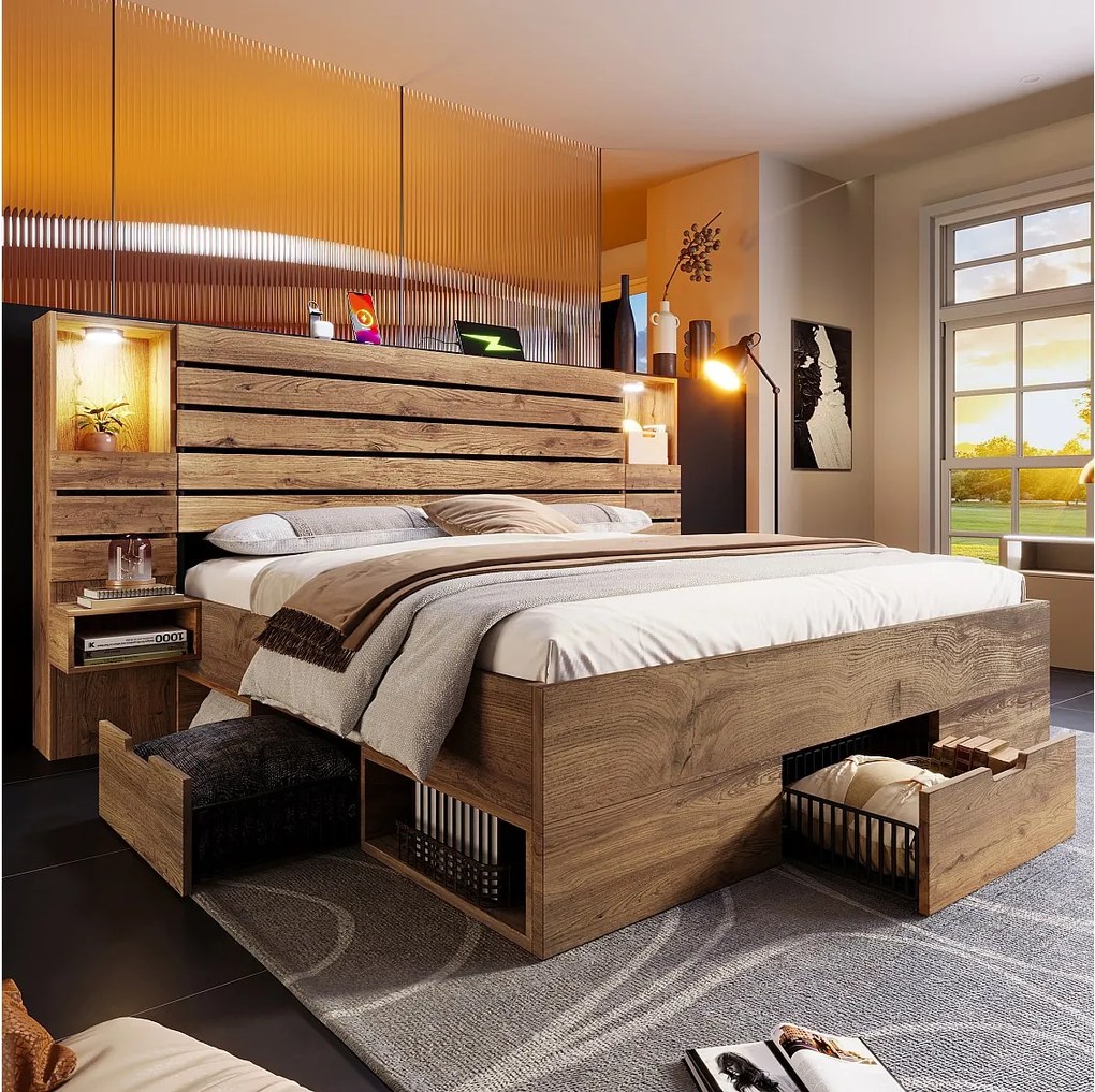 Łóżko podwójne z efektem dębu - 180 x 200 cm - z diodami LED + USB + 2 szafki nocne + szuflady - drewno - naturalne