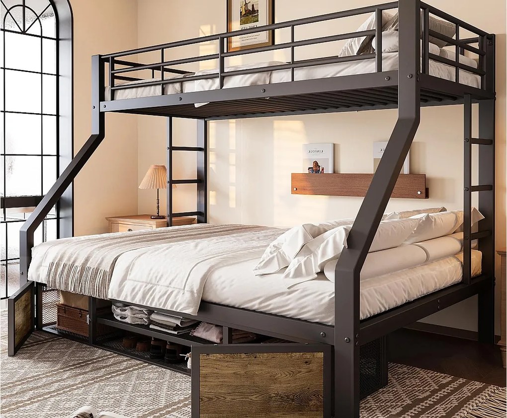 Łóżko piętrowe 90x200 cm + 140x200 cm - z półką na buty - przegrody przechowawcze - barierki bezpieczeństwa i drabina - czarny