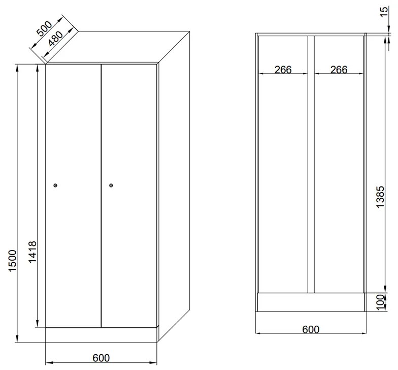 Szafa ubraniowa obniżona 2-drzwiowa, 1500 x 600 x 500 mm, zamek RFID, drzwi laminowane, drzwi laminowane, orzech