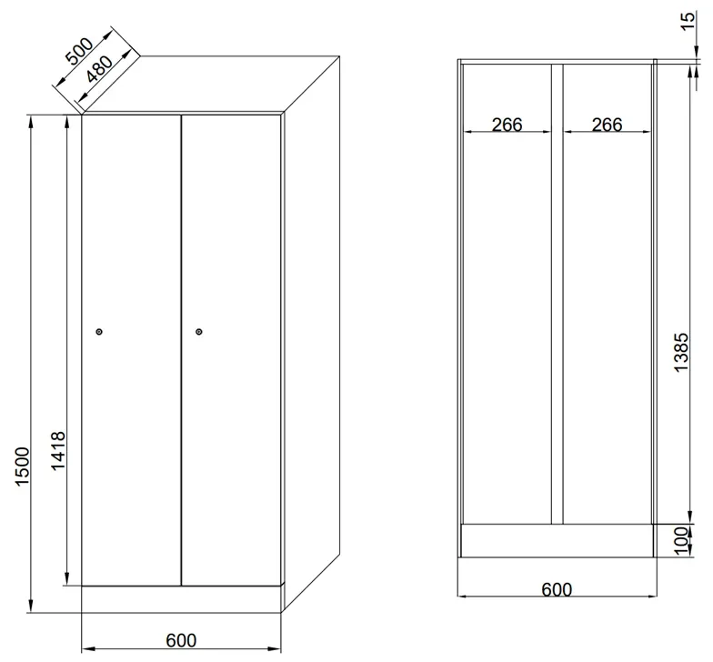 Szafa ubraniowa obniżona 2-drzwiowa, 1500 x 600 x 500 mm, zamek RFID, drzwi laminowane, drzwi laminowane, orzech