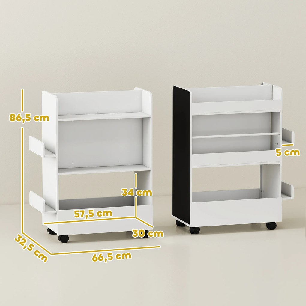 AIYAPLAY Regał na książki dla dzieci z 4 półkami, dolnym schowkiem, 2 bocznymi sekcjami, tablicą, kółkami, dla 3–8 lat, 66,5x32,5x86,5 cm Biały | Aosom PL