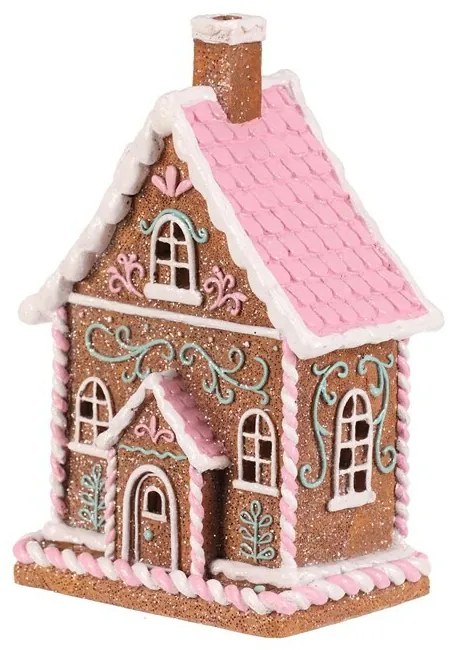 Dekoracja świąteczna Domek z piernika z różowym dachem, poliresin, LED, brązowy