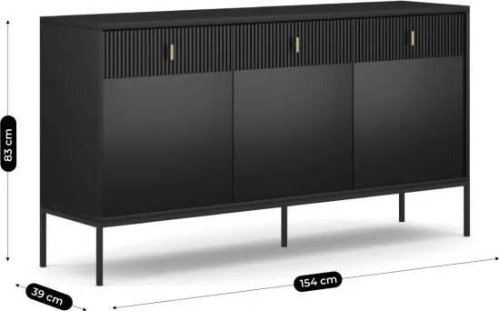 Komoda do Salonu Sypialni MARCOS 154 cm Czarna Ryflowana Trzydrzwiowa z Szufladami Nowoczesna