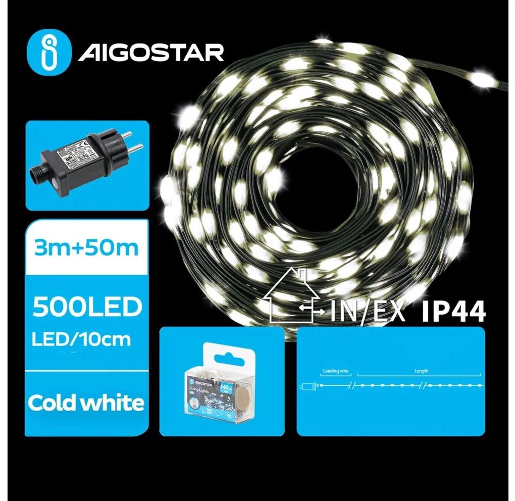 Aigostar - Zewnętrzny łańcuch świąteczny LED 500 diod/8 funkcji 53 m IP44 zimna biała