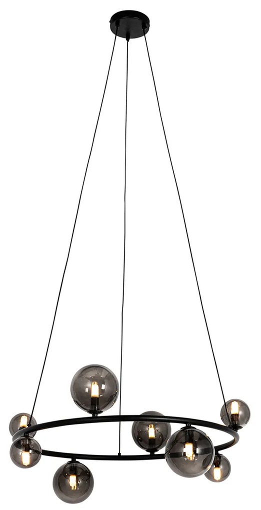 Czarna lampa wisząca z przydymionym okrągłym szkłem 8-świateł - Monaco