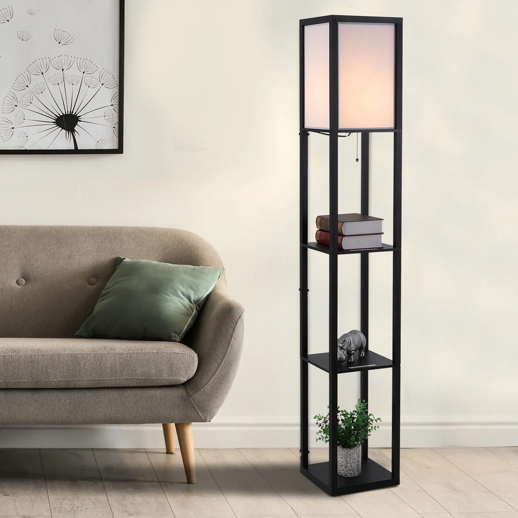 HOMCOM Lampa Stojąca z Półkami Oświetlenie Wewnętrzne E27 Drewno Czarne 26x26x160cm | Aosom PL