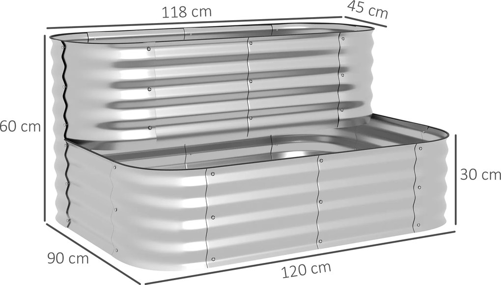 Outsunny Grzadka na ziolowe z Metalu, 2 Poziomy, odporna na wszystkie warunki atmosferyczne, otwarte dno, 120 x 90 x 30cm, Kolor: Srebrny