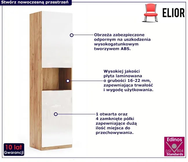 Nowoczesny regał słupek dąb craft + biały połysk - Zenta 5X