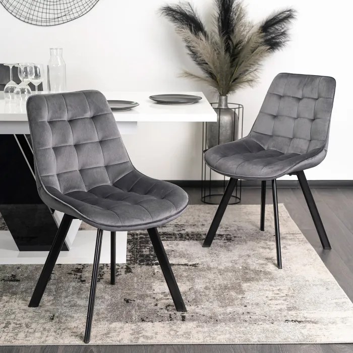 Zestaw Stół Prostokątny Rozkładany CLARK 120-160 cm Czarny/Biały Połysk i 4 Krzesła Tapicerowane do Salonu RICK Szare Welurowe