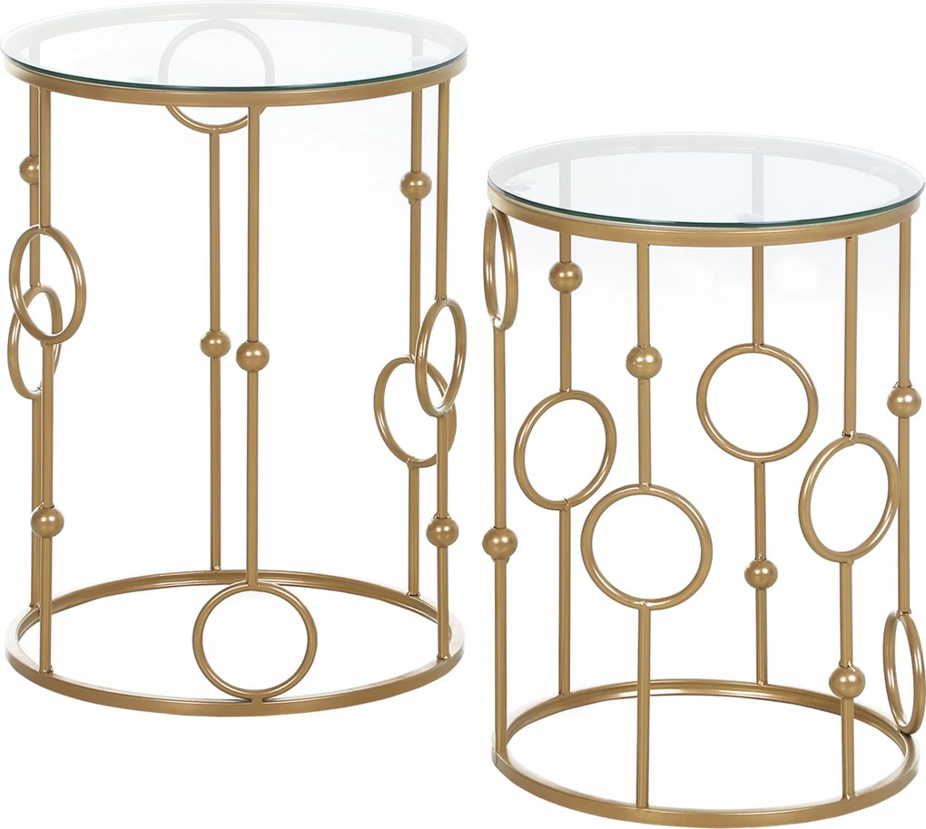 HOMCOM Zestaw 2 stolików kawowych, stolik pomocniczy ze szklaną płytą, stół do salonu z wzorem opony i kuli Ø41 x 57 cm, złoty