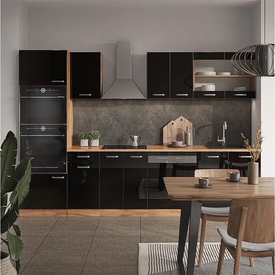 Zabudowa kuchenna czarny/złoty dąb o wysokim połysku 300x46x81.6 r-line