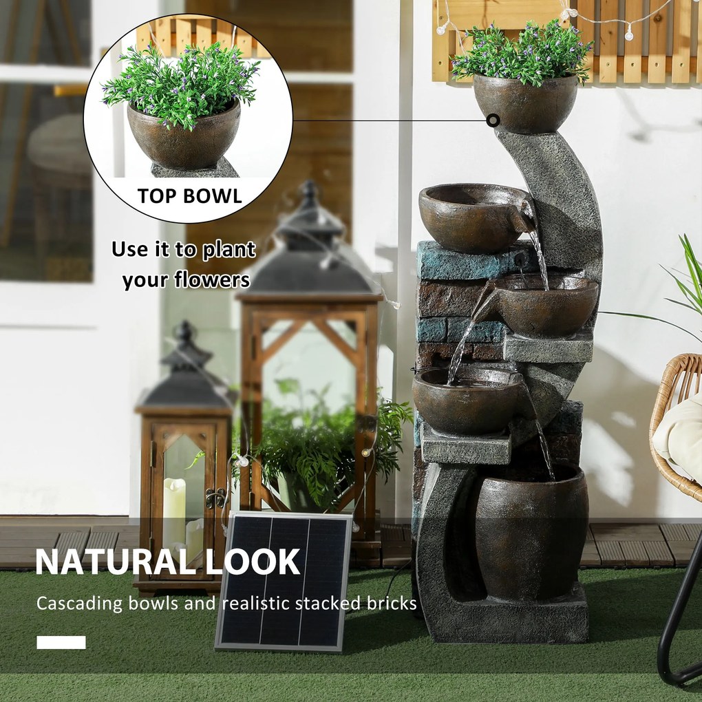 Outsunny Fontanna Ogrodowa, Styl Ceglanym, 5-stopniowa, Zasilana Słonecznie, Diodami LED, 107cm, Żywica Syntetyczna, Szary/Brąz