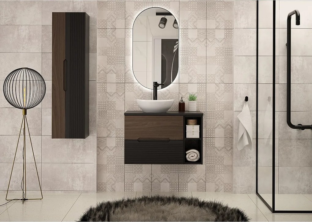 Zestaw Łazienkowy 80cm Szafka z Blatem Regał Czarny Mat / Orzech Avella