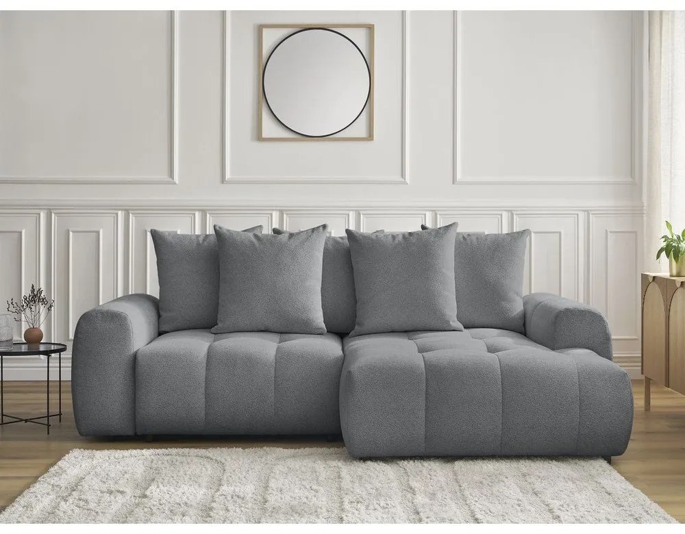 Szary rozkładany/ze schowkiem narożnik z tkaniny szenilowej (prawostronny/z szezlongiem) Roxelane – Bobochic Paris