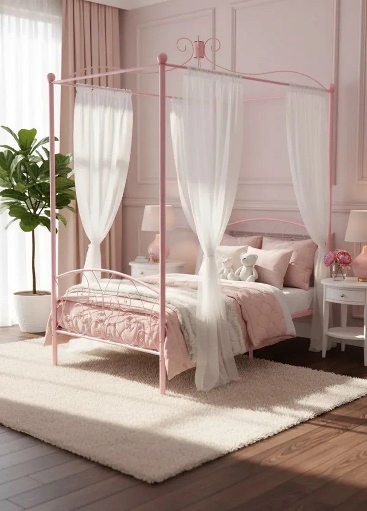 Różowe metalowe łóżko z baldachimem 100x200 cm Z4-D15