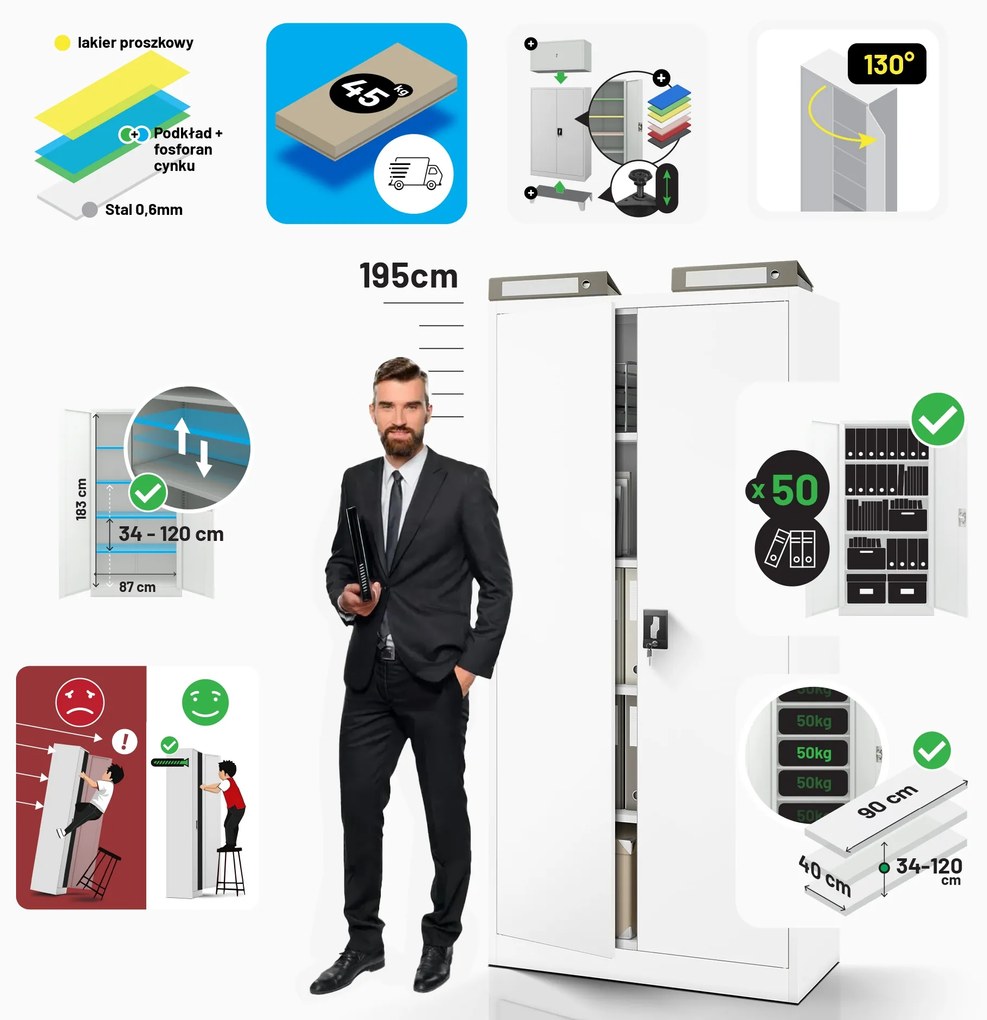 Szafa na dokumenty biurowa metalowa biała: JAN H, 900 x 1950 x 400 mm