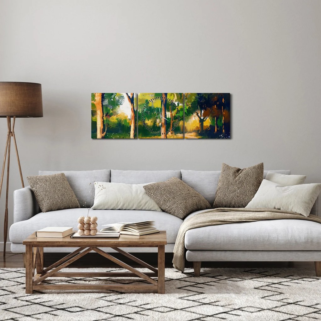 Obraz lasu w letnim słońcu, malarstwo (z zegarem) (90x30 cm)