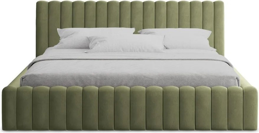 Zielone tapicerowane łóżko dwuosobowe ze schowkiem ze stelażem 140x200 cm Lemi – Makamii