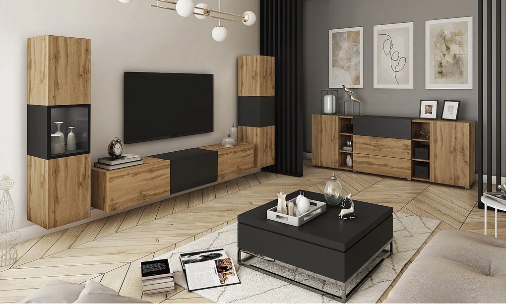 Meblościanka do salonu z oświetleniem LED, zestaw wisząco-stojący z szafką RTV 180 cm, witryną i słupkiem, korpus dąb wotan, wstawka czarny mat