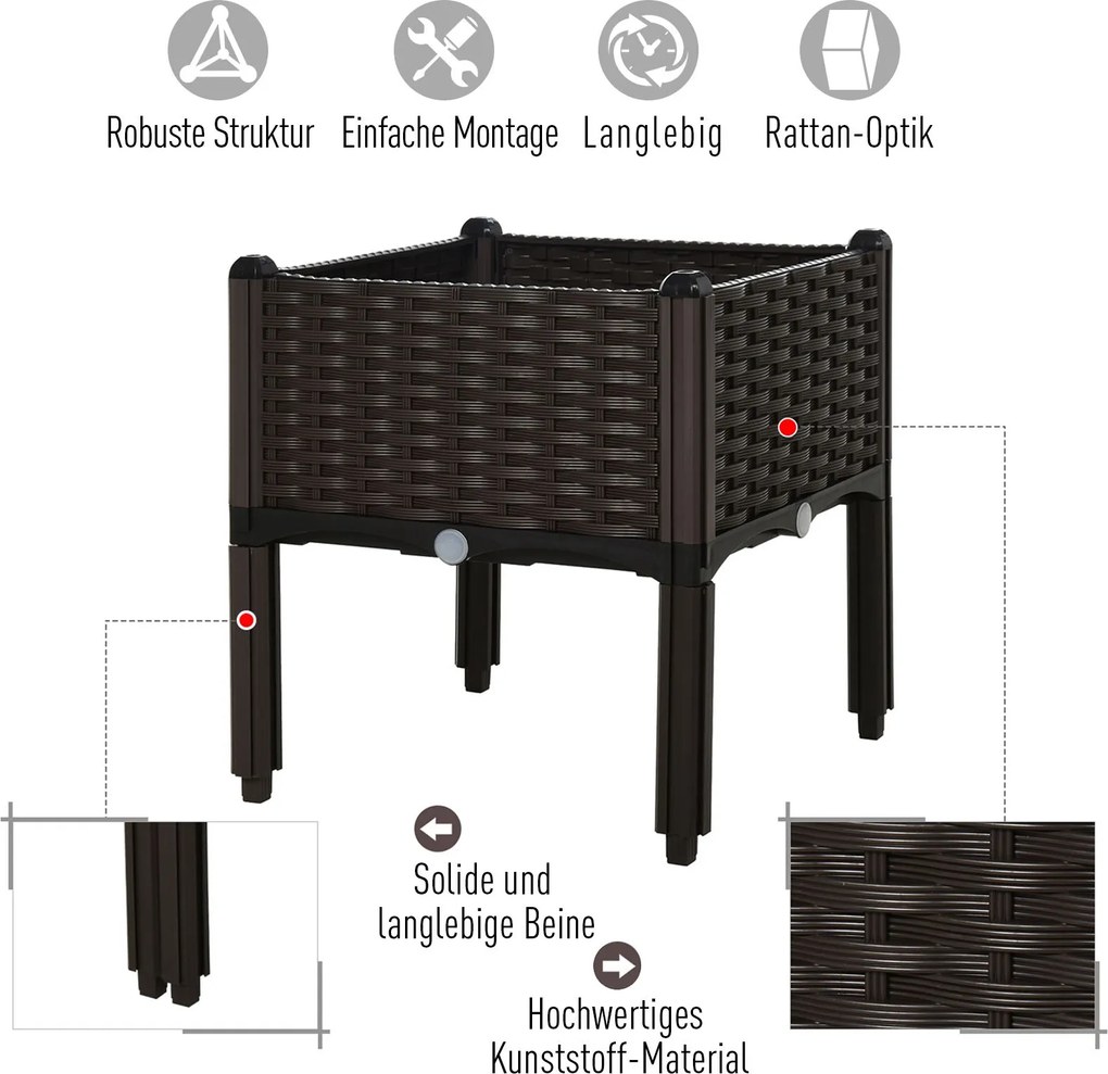 Outsunny donica kwietnik podwyższony z otworami odpływowymi imitacja ratanu PP brązowy | Aosom PL