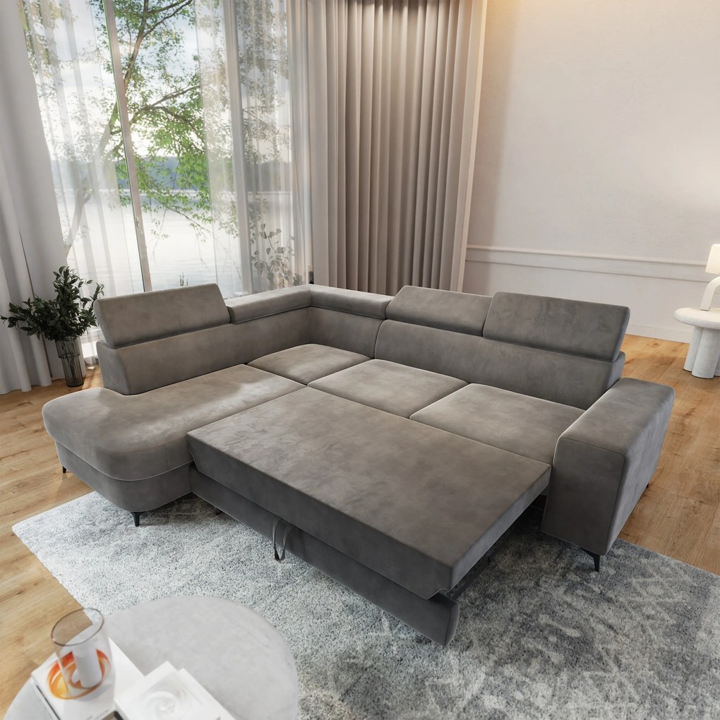 Masseno Narożnik ALVORO z funkcją spania i pojemnikiem na pościel Narozniki L, Rozkładana sofa - Szary, MONOLITH 85