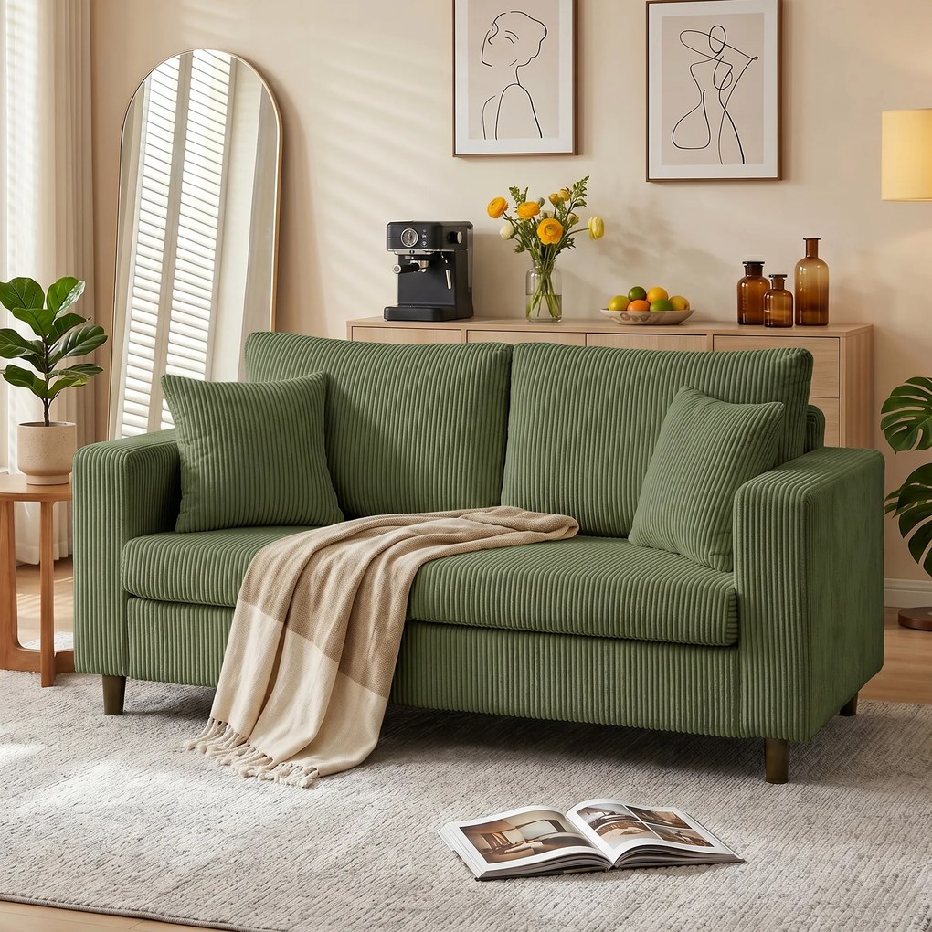 HOMCOM Sofa dwuosobowa ze sztruksu z szerokim głębokim siedziskiem i wkładem sprężynowym, zielona | Aosom PL
