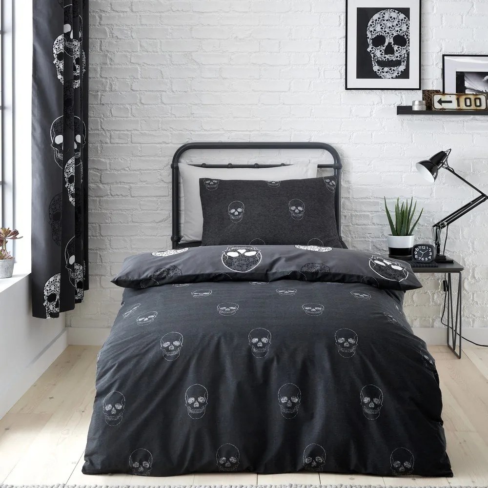 Ciemnoszara pościel dziecięca jednoosobowa 135x200 cm Skulls – Catherine Lansfield